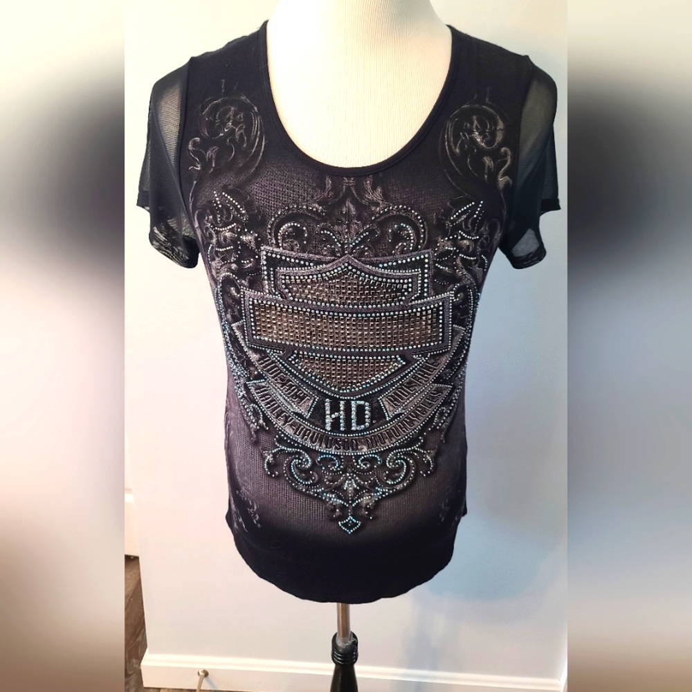 Harley Davidson Black Very Blingy Top With Mesh Sleeve,  Lace Up Back
